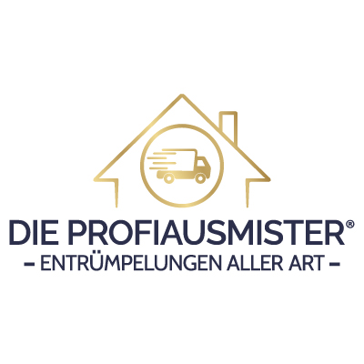 KI-basierte Bildbeschreibung. Das Logo von Die Profiausmister - Entrümpelungen aller Art zeigt einen goldenen Umriss eines Hauses mit einem Umzugswagen darin, der auf professionelle Entrümpelungs- und Räumungsdienste hinweist.