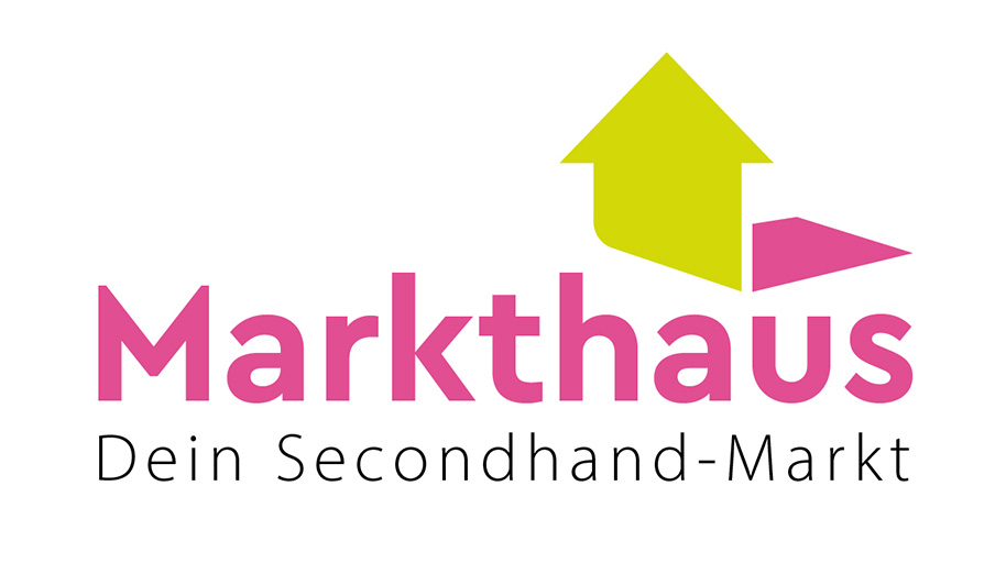 KI-basierte Bildbeschreibung. Logo für das Markthaus Dein Secondhand-Markt mit rosa und lindgrüner Hausgrafik über dem Text. Markthaus ist in fetter rosa Schrift, darunter Dein Secondhand-Markt in Schwarz.